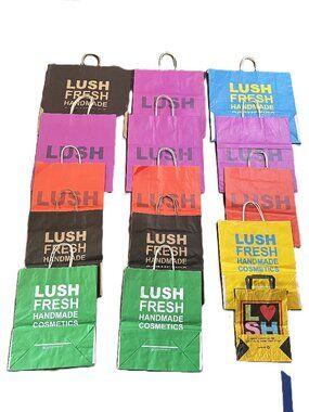 Lot of 18 Retro LUSH Cosmetics Shopping Bags with Handles - Sm/Med/Lg Bags